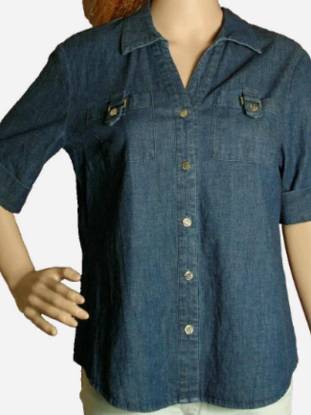 Anne Klein Denim Button Down Lion Metal Buttons Size L